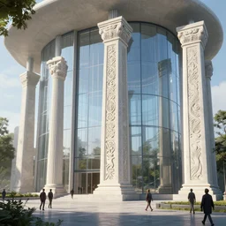 monuments with greek motifs, by tim blandin and arthur haas and bruce pennington and john schoenherr, big windows architecture by zaha hadid, octane render, cinematic, scenery, cgsociety, modernism, futuristic, trending on artstation, sci - fi, high detail, high quality, close up angle, people walking