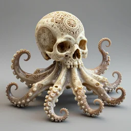 realistic 3 d render of ornately carved rococo human skull octopus hybrid, delicate detailed scrimshaw pattern of occult symbols and fractal geometry, tentacles, octane render 4 k, bone and ivory, waxy