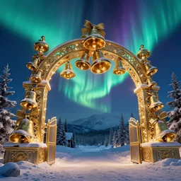 a very detailed concept art of intricate and well designed jingle bell gates to north pole, infused with aurora borealis, dynamic lighting, trending on artstation, path traced, highly detailed, high quality, digital painting, digital art, 4 k, hyper realistic, octane render, sharp focus