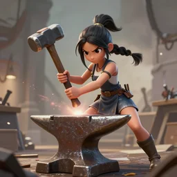 blacksmith cute girl hitting with a hammer, anvill, epic digital art illustration, wide angle, masterpiece, dynamic perspective, anatomy skills, outstanding detail, illustration, colorgrading, LUTs, octane render, redshift, simulation, | 28mm |, great composition by sixmorevodka studio
