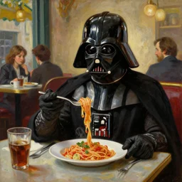 oil painting of a a darth vader has pasta in a cafe, art by anders zorn, wonderful masterpiece by greg rutkowski, beautiful cinematic light, american romanticism by greg manchess, jessica rossier and norman rockwell