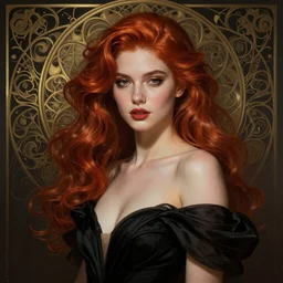 a beautiful woman with auburn, fantasy, intricate, elegant, dramatic lighting, beautiful woman, gorgeous face, sexy black gown, highly detailed, lifelike, photorealistic, digital painting, artstation,  illustration, concept art, smooth, sharp focus, art by John Collier and Albert Aublet and Krenz Cushart and Artem Demura and Alphonse Mucha