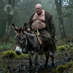 a movie still by tarkovsky of a profil giant obese old bald man in dirty medieval clothes on his donkey in a swamp mossy, cinestill 8 0 0 t 3 5 mm eastmancolor, heavy grain, high quality, noir, natural textures, photorealistic, ambient occlusion, hd, mud, fog, criterion collection