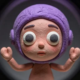 photo of a clay model of character with large spherical purple head and humongous eyes and spindly limbs with face close to the camera, fish eye lens, 4 k, hyper realistic, hyper detailed face, octane render