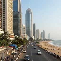 streets of mumbai in the near future, extreme detail, skyscrapers, coastline, cars, people