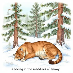 colouring book showing 'a cougar sleeping in the middle of snowy pine tree' laying on coffee table, zoomed out shot, HD