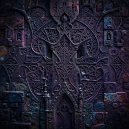 eldritch dark evil patterns in a carved stone wall texture art, hyper stylized, moody psychedelic colors, gothic stone castle wall stylized handpainted texture
