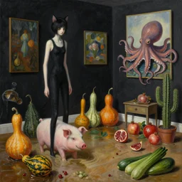 realistic painting of a flooded artist's apartment and a tall emo catgirl, many gourds, a pig, an octopus reaching out from inside paintings on black walls, pomegranates, cactus, octopus, courgettes, 1 6 mm, berries, zen, sensual, surrealist painting by magritte and rousseau and monet