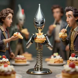 closeup portrait of tin toy spring - heeled jack eating cakes, depth of field, zeiss lens, detailed, symmetrical, centered, fashion photoshoot, by nicoletta ceccoli, mark ryden, lostfish, earl nore, hyung tae, frank frazetta, breathtaking, 8 k resolution, extremely detailed, beautiful, establishing shot, artistic, hyperrealistic, octane render