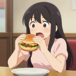 anime girl is horrified by burger.