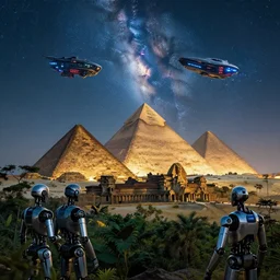 cyberpunk angkor wat, pyramids of giza, in the forest, night time, milky way, cyberpunk ships, robots, robots in foreground, extreme angle by paul lehr and jesper ejsing