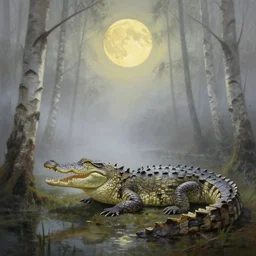 Crocodile with a beak, chimera in foggy birch wood swamp, yellowish moon overhead, professional realism artwork made with oil paint, extremely detailed