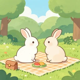 two rabbits in love with each other are having a picnic in the park, digital art