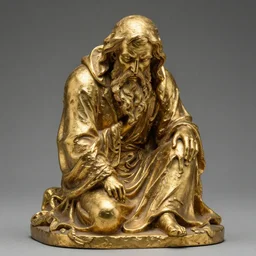 a golden statue of a beggar, realistic, detailed