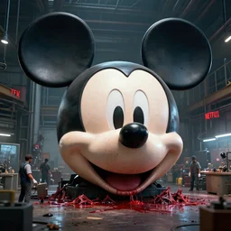 a giant mickey mouse head, factory floor, surrounded by factory workers, octane render, cgstation, 3 d render, very detailed, mindblowing, blood and guts, gritty, cyberpunk, cinematic lighting, hyper realism, netflix logo