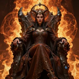 evil steampunk pyromancer woman, beautiful facial features, ornamental halo, black shirt, brown body, coat, intricate robes, sitting on obsidian throne, fractal fire background, sharp focus, highly detailed, cinematic lighting, studio quality, chiaroscuro, smooth render, unreal engine 5 rendered, octane, rendered, by artgerm, greg rutkowski, alphonse mucha