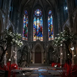 interior of the old cathedral, stained glass, gothic style,trees, bushes, dark mood,  white flowers, red grass, white Butterflies, damaged floor, night, moon light, camp, greg rutkowski, fantasy, detailed illustration, hd, 4k, digital art, overdetailed art, concept art, trending on artstation