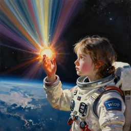 painting, young girl, light beams, above earth, cinematic lighting, outer space, touching sun beam, erupting colors, eva suit, sad, medium close up, extremely detailed, sharp focus, by greg rutkowski and [ [ [ wlop ] ] ], intricate, beautiful, trending on artstation, pixiv