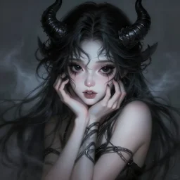 portrait of demon girl, dreamy and ethereal, expressive pose, big black eyes, exciting expression, fantasy, intricate, elegant, dark and moody smoke, highly detailed, digital painting, artstation, concept art, smooth, sharp focus, illustration, art by guy denning