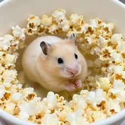 photo of a hamster, swimming inside a bucket of popcorn, various poses, unedited, soft light, sharp focus, 8 k