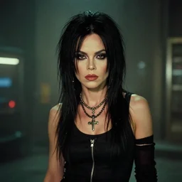 a film portrait still of joan jett in blade runner, gritty cyberpunk atmosphere. realism, cinematic lighting, beautiful gothic fantasy photorealistic, 4 k. 8 mm. grainy. panavision.