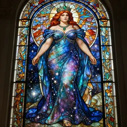 a full body stained glass window of the thicc empress of eternity, long and beautiful floor length nebula colored dress made of stars and stardust, emerald tiara and necklace, space, universe, portrait, highly detailed, deep focus, elegant, digital painting, smooth, sharp focus, illustration, ultra realistic, 8 k, art by artgerm and alphonse mucha