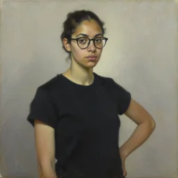 portrait of a mixed race young woman wearing glasses, wearing a black t-shirt, oil on canvas, elegant pose, masterpiece, painting by Jenny Saville