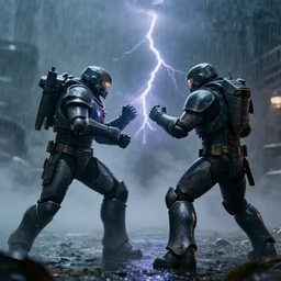 2 warriors in de exoskeletons battling each other in heavy rain, ground fog, moody lighting, 8 k, lightning, shallow depth of field, cinematic lighting,