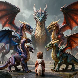 all the elemental dragons meeting each other, photorealistic 3 d render, unreal engine, ultra detailed