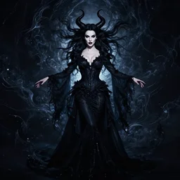 style of dean cornwell, artgerm : : gorgeous willa holland : : evil witch, swirling black magic, black dress : : symmetrical face, symmetrical eyes : : full body pose : : gorgeous black hair : : magic lighting, low spacial lighting : :