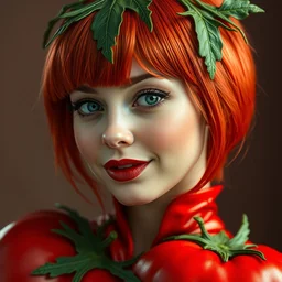 full portrait of emma stone cosplaying as a tomato, hyper detailed, award winning