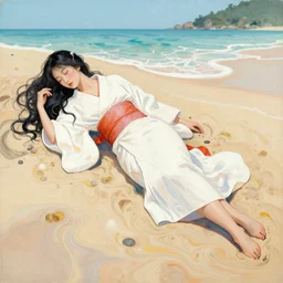 liquid marble acrylic paint from victorian era of beautiful asian model sleeping on the beach in white open kimono