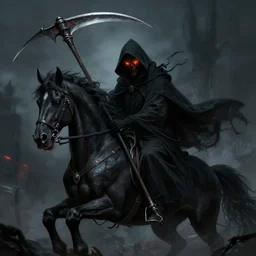 the grim reaper on a black warhorse, holding a wicked scythe, black robe, fiery eyes, fantasy horror art