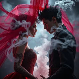 necromancer boy and girl are having a wedding, by tom bagshaw and greg rutkowski, red fabric, fiber amethyst weaving into strands of smoke and brass and iron metal filigree joining into carbon fiber strands, fractal shapes, white explosions, dramatic lighting, ultra detail, close up, dof, smooth render, cinematic, octane render, art nouveau, fine art