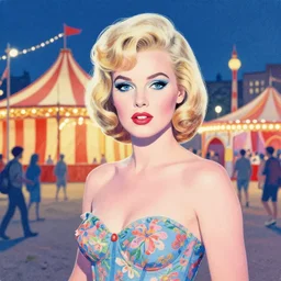 summer night, city circus carnival, portrait of young bettie page, very coherent and colorful high contrast art, art by simon stalenhag, floralpunk screen printing woodblock, pastel color, hard lightings