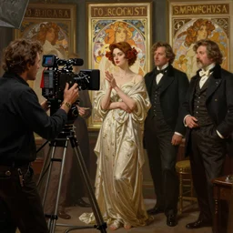 highly detailed oil painting | very intricate | cinematic lighting | award - winning | film director | camera shooting actress on movie set | by charlie bowater, by greg rutkowski, by j. c. leyendecker and edmund blair leighton, beautiful cinematic light, american romanticism, by alphonse mucha, artstation, cgsociety, official art, octane