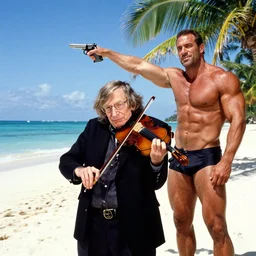 stephen hawking on a tropical beach, suns out guns out playing a violin, muscle mecca bodybuilder photography by annie lebovitz