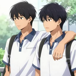boy's love anime high school noon, high detail concept art, perfect proportions fine face, athletic tall handsome guys, close together romantic undertones, playful interaction, avant designer uniform, vivid colors, realistic shaded lighting poster fantasy art kazue kato, katsuhiro, jeremy lipking and michael germash, makoto shinkai, loish and clamp style, best selling artist