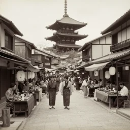 18th century Japanese street market in Kyoto, 1900s photography