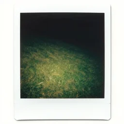polaroid photo!! of a green empty steep grass hill with no trees or sky, flash photography, at night, uncanny, colored photograph