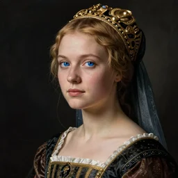 portrait of young woman in renaissance dress and renaissance headdress, blue eyes and blond hair, style by the paolo roversi
