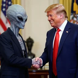 8 k press photograph of smiling donald trump shaking hands with a gray alien