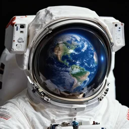 astronaut, image focused on the astronaut's head. reflection of the earth. image focused. taken in a galaxy. photorealistic. realistic. photo. award winning image.