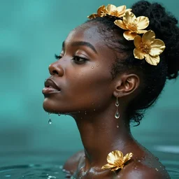 hyperrealistic precisionist cinematic profile very expressive! black oshun goddess, in water! up to shoulders, mirror dripping droplet!, gold flowers, highly detailed face, digital art masterpiece, smooth eric zener cam de leon, dramatic pearlescent turquoise light on one side, low angle hd 8 k, tilt shift