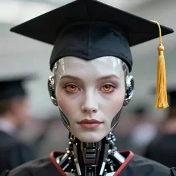 a stunning ultra detailed fantasy fine art portrait photo of a robot from ex machina movie wearing a graduation hat, by tom bagshaw, wlop and artgerm, 2 4 mm lens, golden ratio composition, deep depth of field, perfect eyes and face, cyberpunk, soft lighting, artstation, 8 k