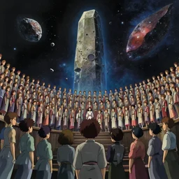 a highly detailed matte painting of a cosmic choir in space looking at a monolith, fragments, by studio ghibli, makoto shinkai, by artgerm, by wlop, by greg rutkowski, volumetric lighting, octane render, 4 k resolution, trending on artstation, masterpiece