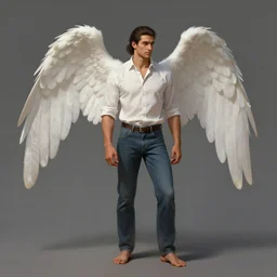 character concept of a handsome male angel, Middle-Western ethnicity. Clean-shaven, hair in a ponytail. Shirt, jeans and barefoot. Distant full-body view. Digital painting, concept art, smooth, sharp focus, illustration, by Ruan Jia and Mandy Jurgens and Artgerm and William-Adolphe Bouguereau