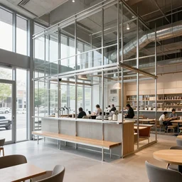 interior design of cafe, modern, steel and glass, mies van der rohe