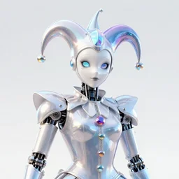 front shot of a court jester!!!! character, polished, glossy, holographic crystals, bionic futurism, robotic cyborg, cracked glass, 8 5 mm f 1. 8, ominous elegant ( ( intricate ) ) highly detailed concept artstation sharp focus ray tracing cinematic masterpiece fine portrait, by artgerm greg rutkowski tooth wu beeple