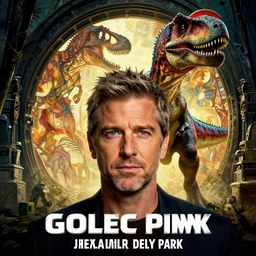 hyperrealistic portrait of jeff goldblum facing a velociraptor in the jurassic park gate portal. by jeremy mann and alphonse mucha, fantasy art, photo realistic, dynamic lighting, artstation, poster, volumetric lighting, very detailed faces, 4 k, award winning n 9